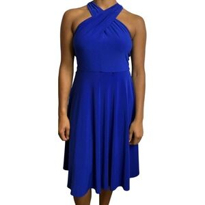 Tahari Royal Blue Dress Crisscross Halter Neck Sleeveless Midi Party Cocktail 4
